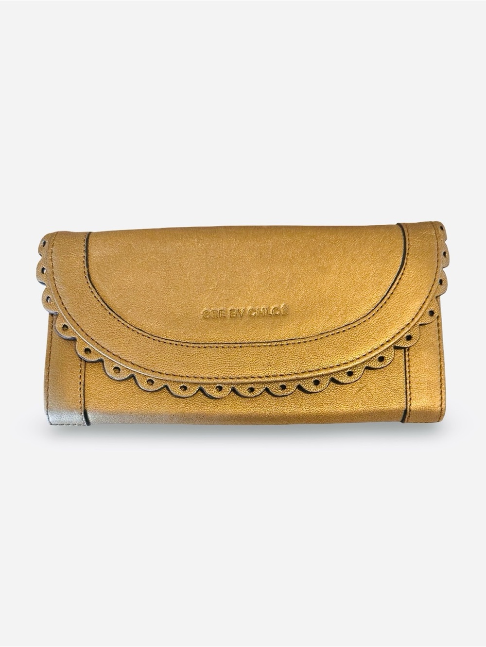 See By Chloe Metallic Gold Scalloped Flap Clutch Wallet